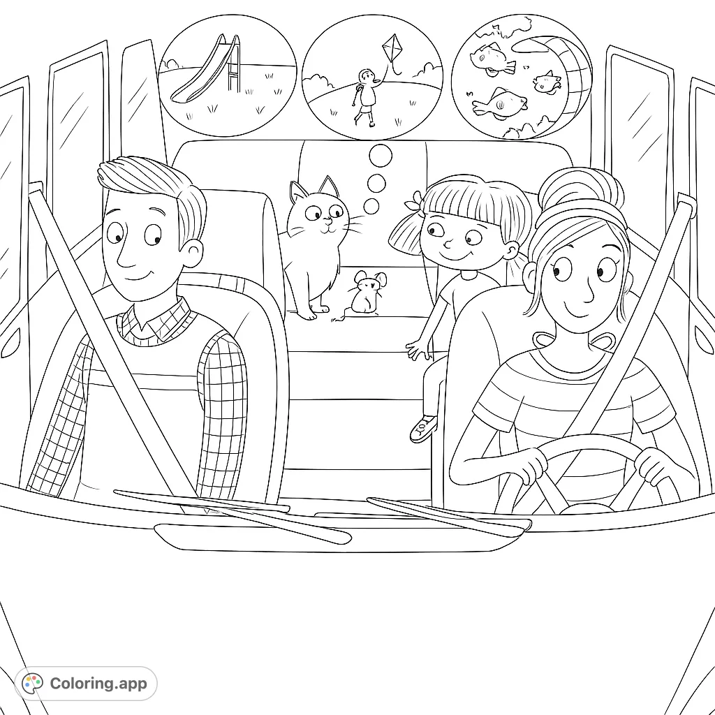 Join a family on a car ride, where a cat's playful daydreams of mice adventures unfold in whimsical thought bubbles. A fun, detailed scene for all ages.