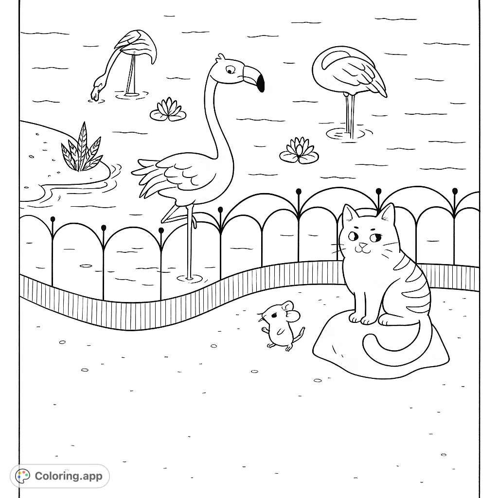 A charming scene featuring graceful flamingos in a pond, observed by a curious cat and a tiny mouse. Perfect for animal lovers!