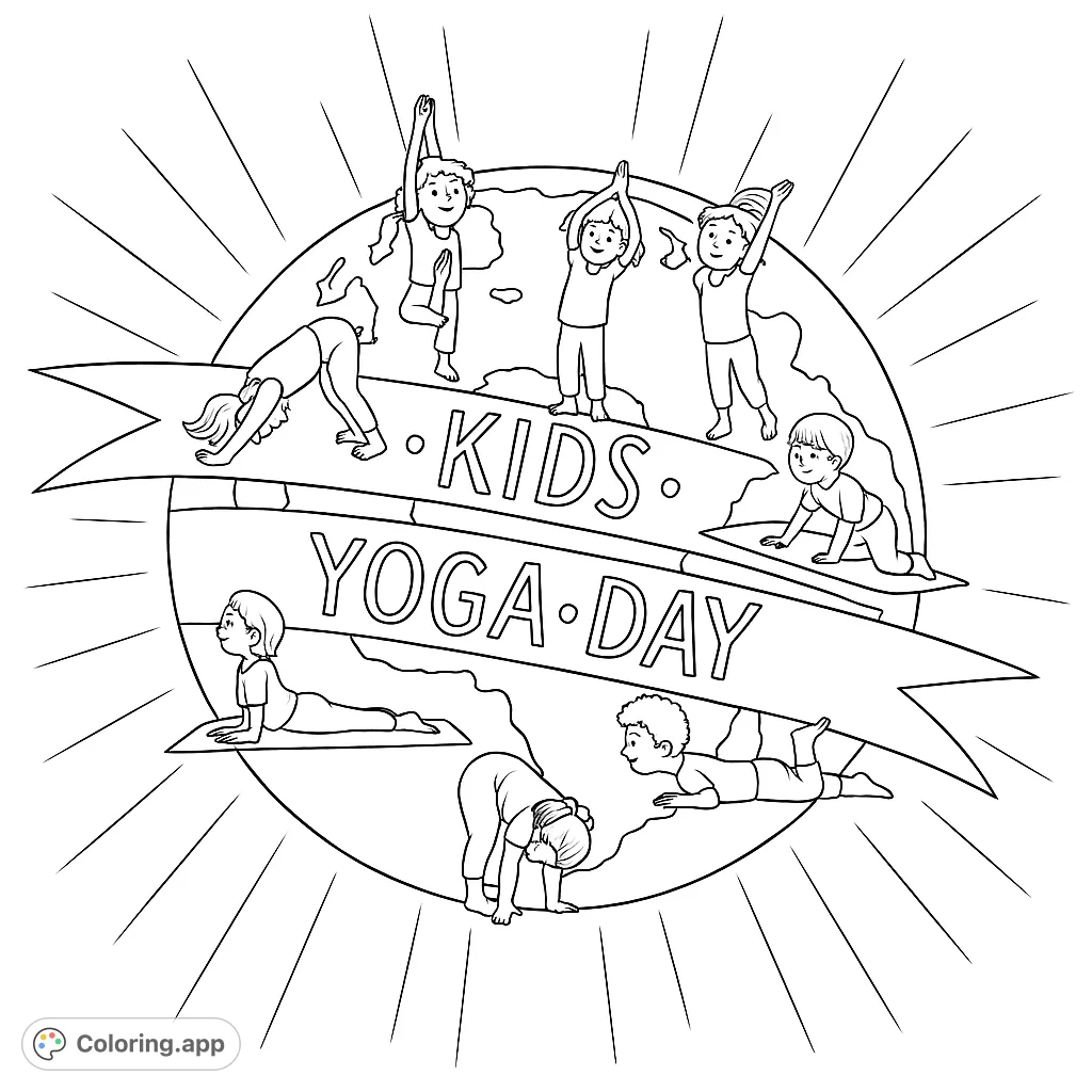 Engage in a fun Kids Yoga Day coloring page featuring diverse children practicing various yoga poses around a globe. A free printable activity for all ages!