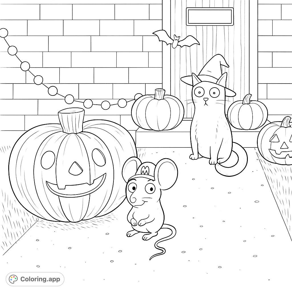 A charming Halloween scene with a witch-hatted cat, a costumed mouse, and smiling pumpkins, perfect for festive coloring fun.