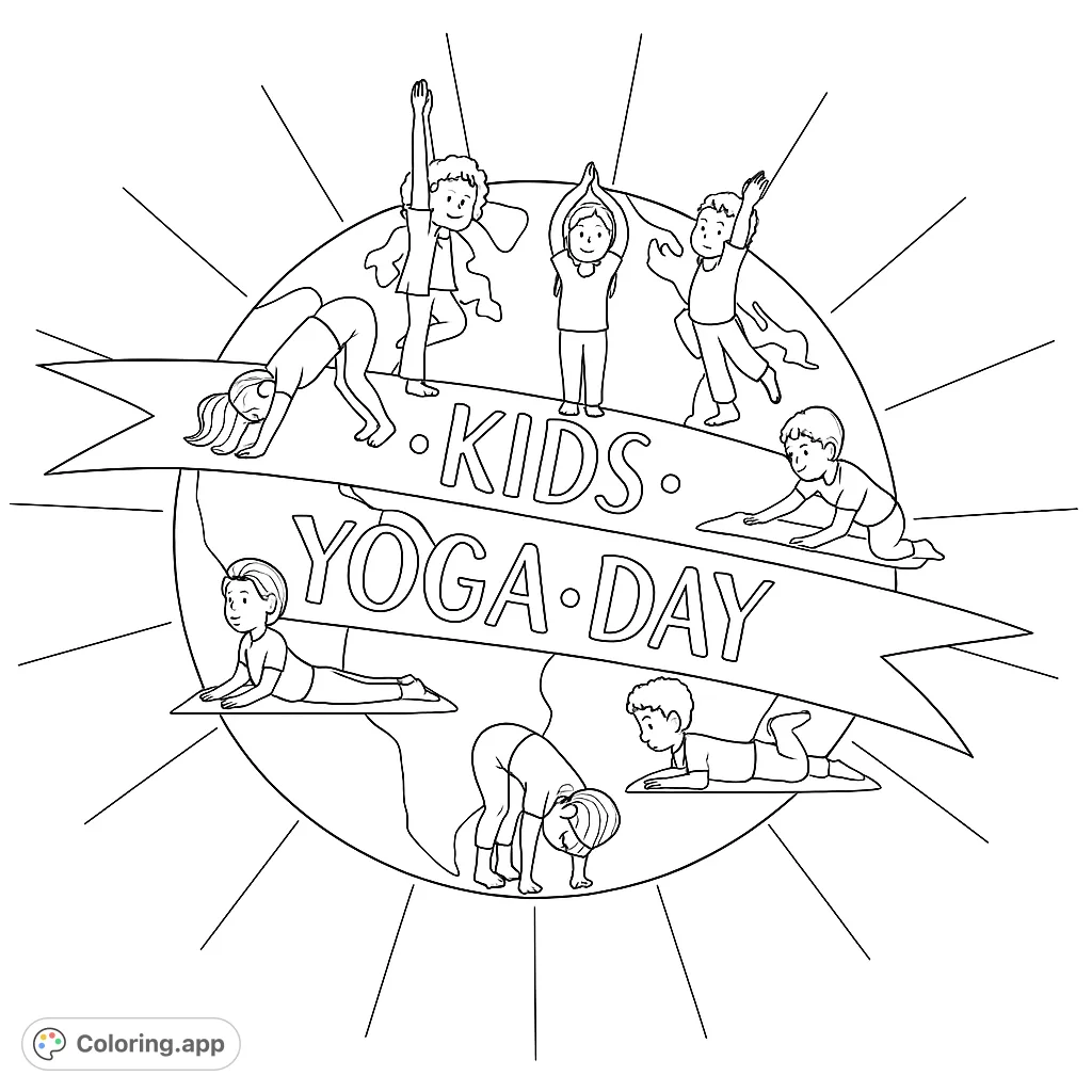 An inspiring kids yoga coloring page featuring diverse children practicing various poses around a globe, promoting wellness, mindfulness, and global unity.