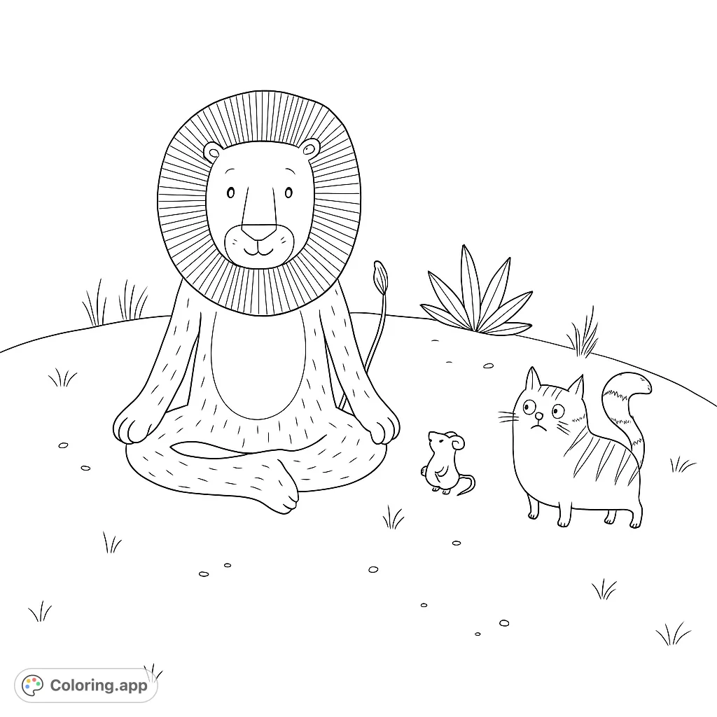A charming free printable meditating lion coloring page with a mouse and cat, perfect for peaceful creative expression and animal lovers.