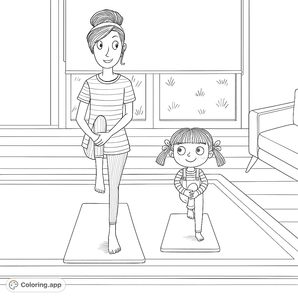 Join a mother and daughter in a peaceful yoga session, balancing gracefully on their mats. A heartwarming scene for all ages to color and enjoy.