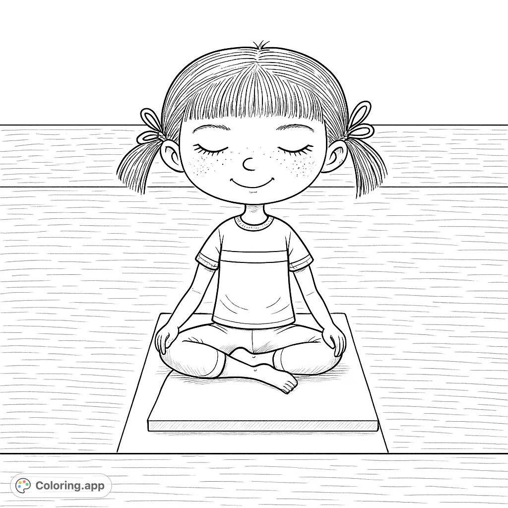 A serene coloring page featuring a child in a peaceful yoga pose, perfect for promoting calm and mindfulness. Ideal for young artists.