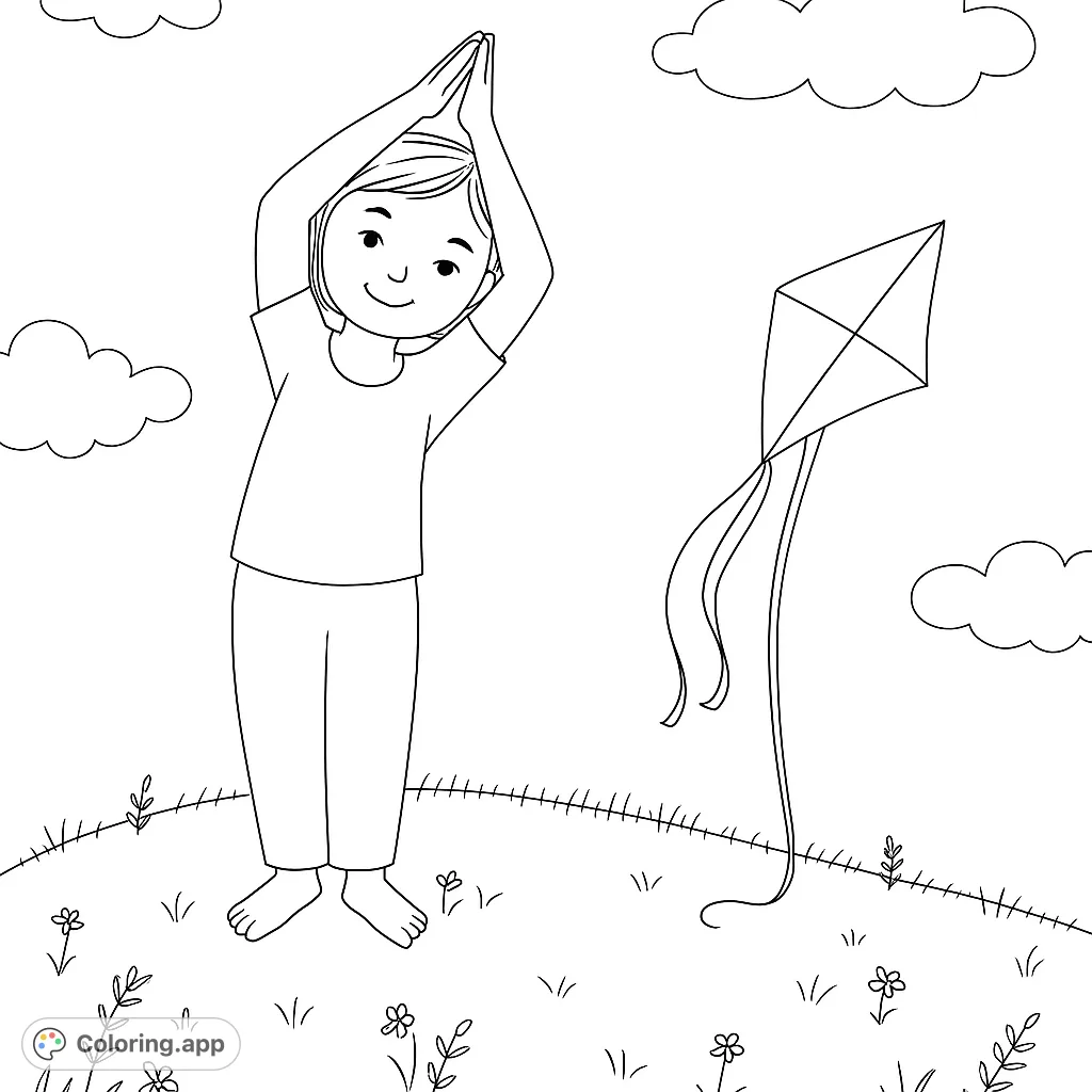A serene scene of a child practicing a yoga pose on a grassy hill, with a kite nearby. Perfect for mindful coloring and relaxation.