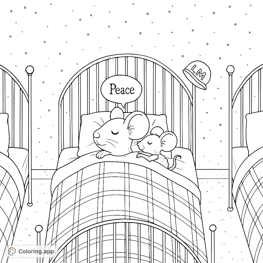 A heartwarming mouse coloring page featuring a peaceful mouse sleeping soundly with its toy, surrounded by cozy beds. Perfect for relaxation and creativity.