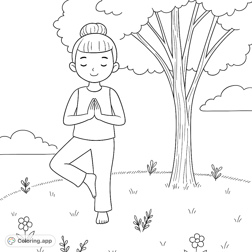 Discover tranquility with this yoga coloring page featuring a young person in a tree pose amidst nature. Perfect for mindfulness and relaxation.