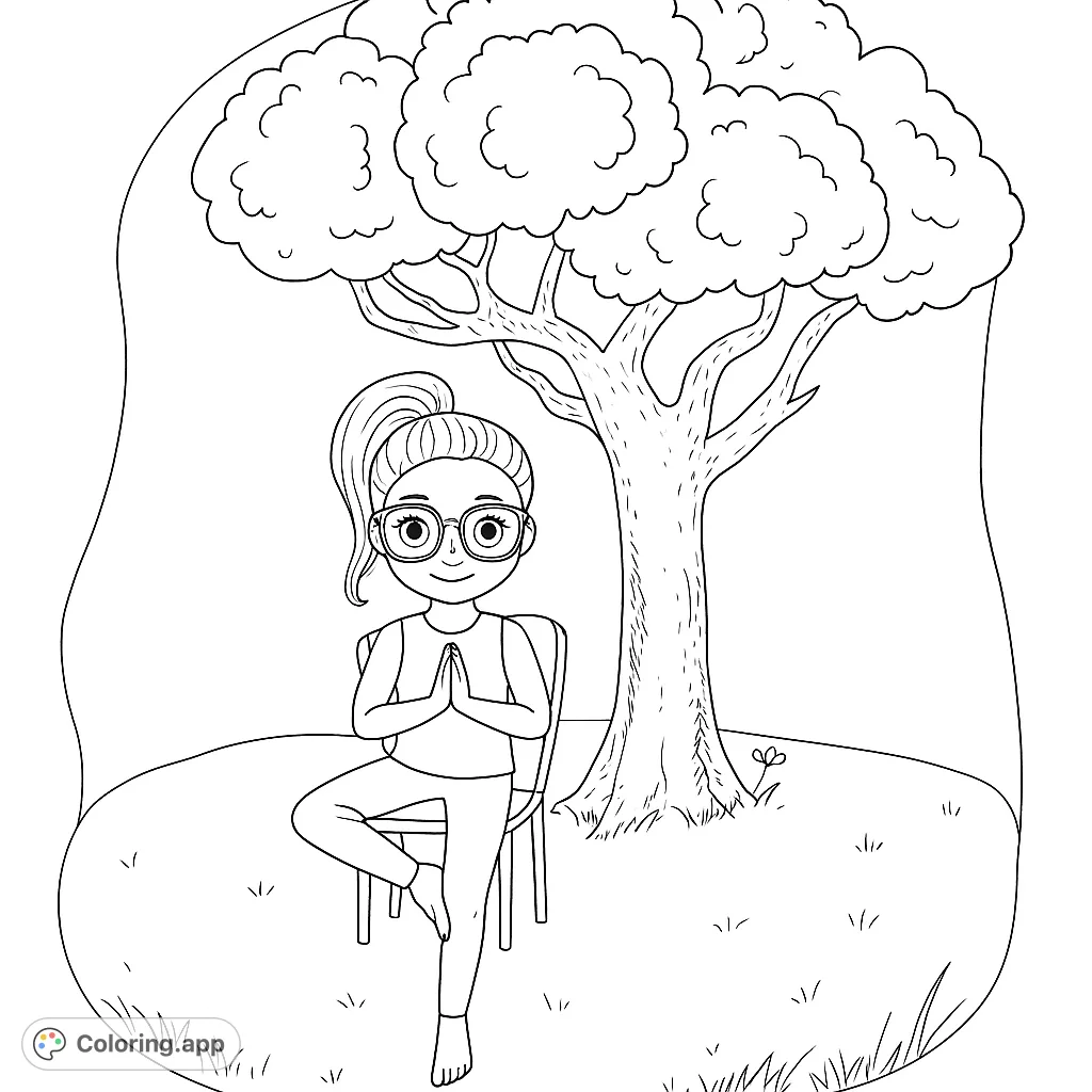 Find serenity with this yoga girl coloring page. A peaceful scene of a girl in tree pose under a grand tree, perfect for mindful coloring.