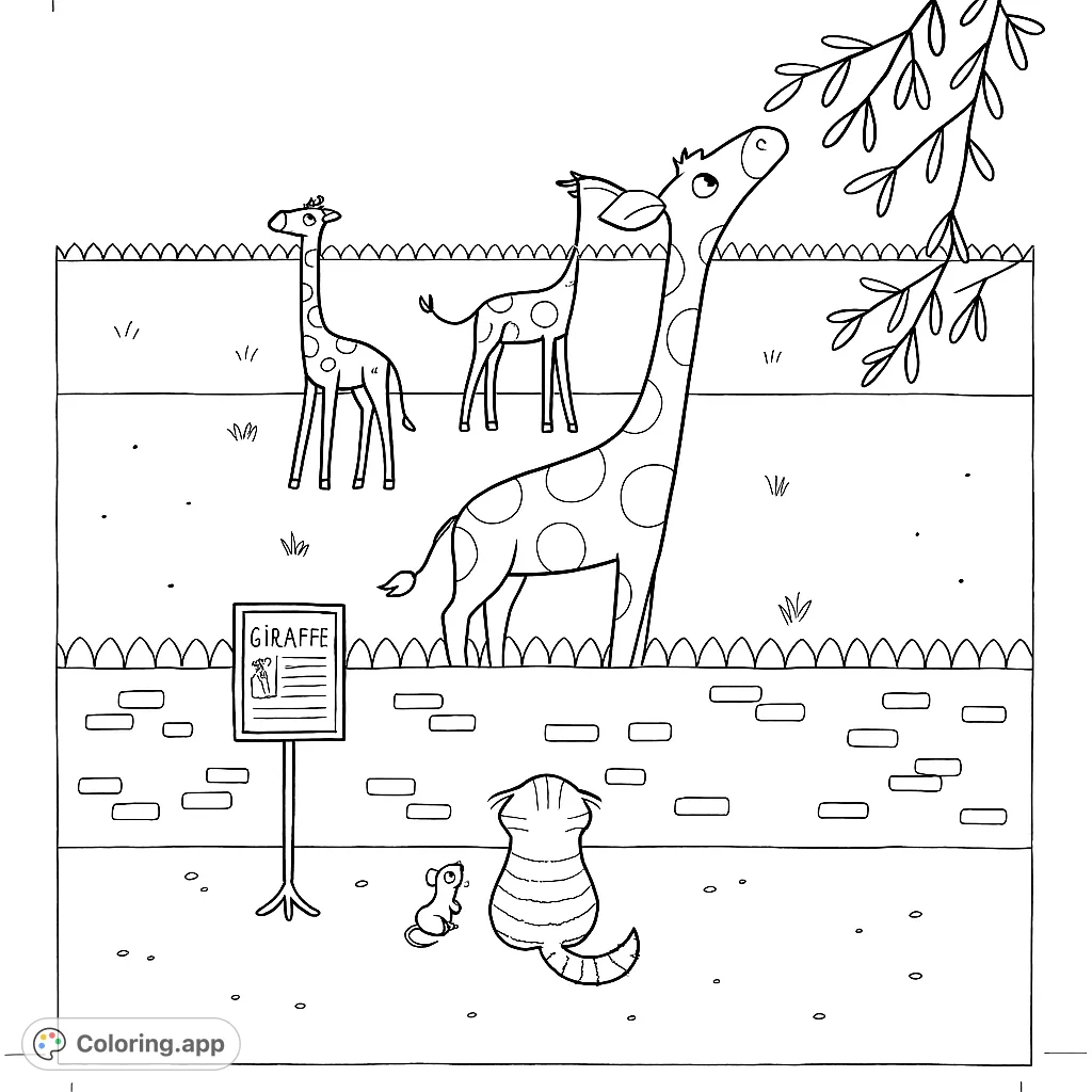 A charming zoo scene featuring a curious cat and mouse observing a family of giraffes. Perfect for animal lovers and aspiring zoologists.