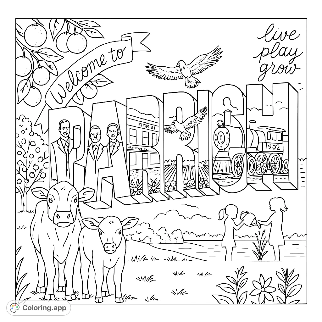 Explore a vibrant community mural featuring historical figures, agriculture, trains, and nature. A detailed free printable Parish coloring page for all ages.