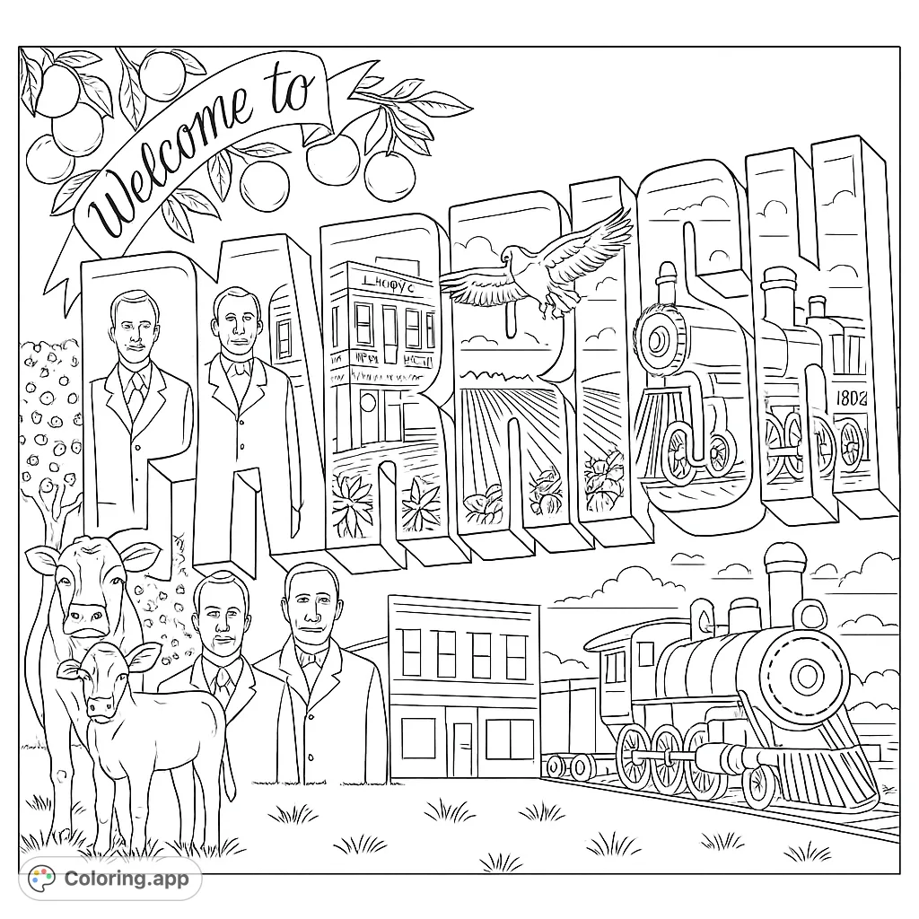 A detailed community mural featuring local landmarks, agriculture, and history within large letters, perfect for a unique and educational coloring experience.