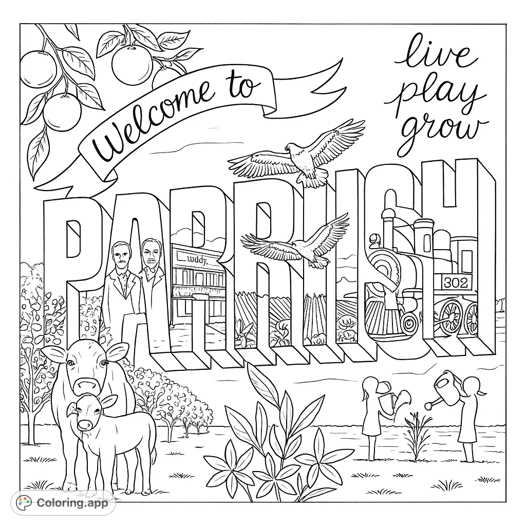 A detailed mural-style coloring page featuring the word PARRISH with scenes of local history, agriculture, and community life.