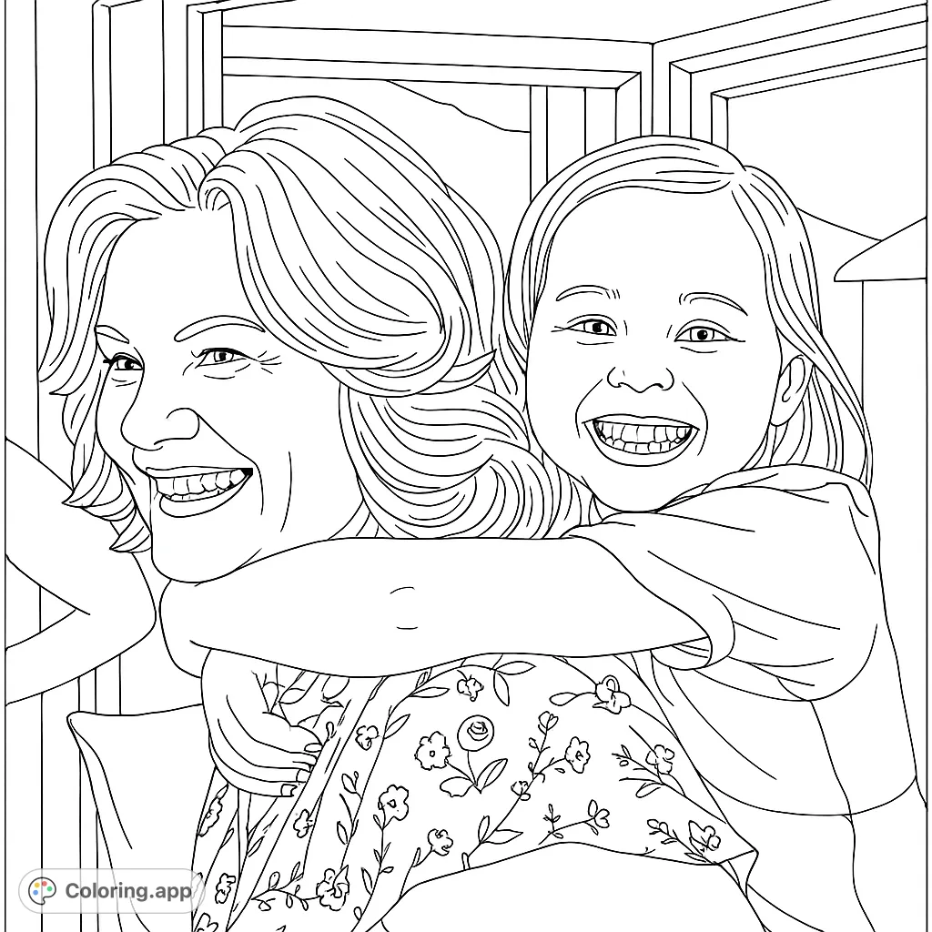 A heartwarming scene of an adult and child sharing a joyful piggyback ride, both smiling broadly. Perfect for family-themed coloring.