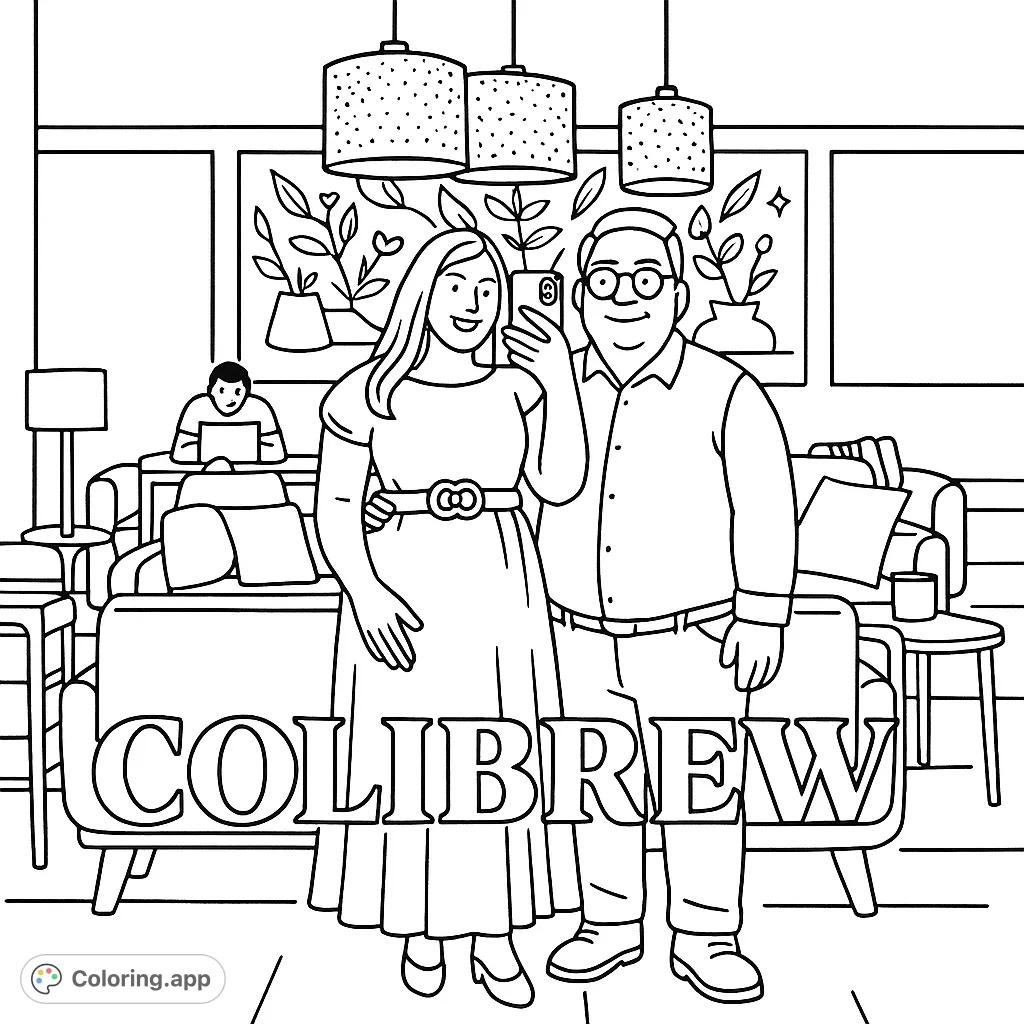 Capture a fun cafe moment! This simple coloring page features two friends taking a selfie in a cozy lounge, perfect for a relaxing creative break.