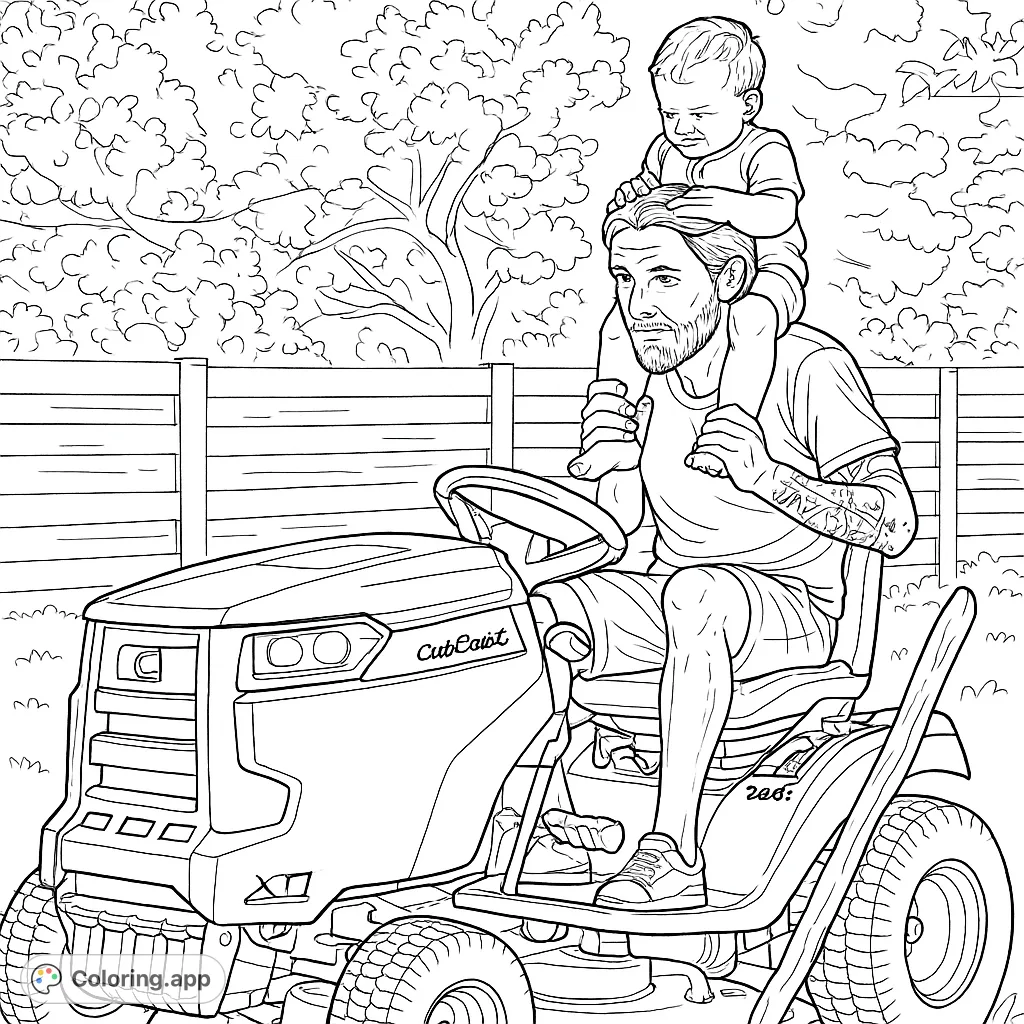A heartwarming scene of a dad and child on a riding lawnmower, ready for a fun outdoor adventure. Perfect for family-themed coloring.