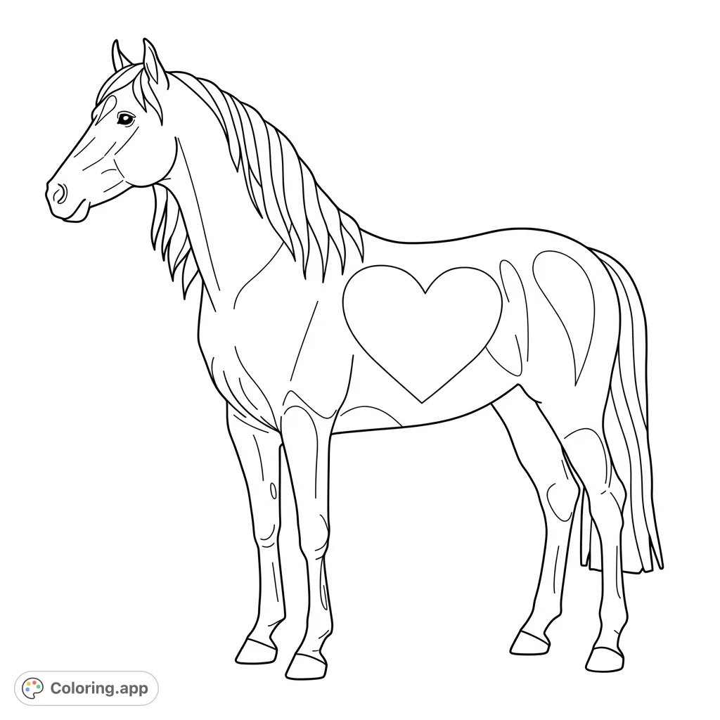 A heartwarming, simple horse and heart coloring page, perfect for therapeutic art and relaxation, featuring a gentle equine friend.