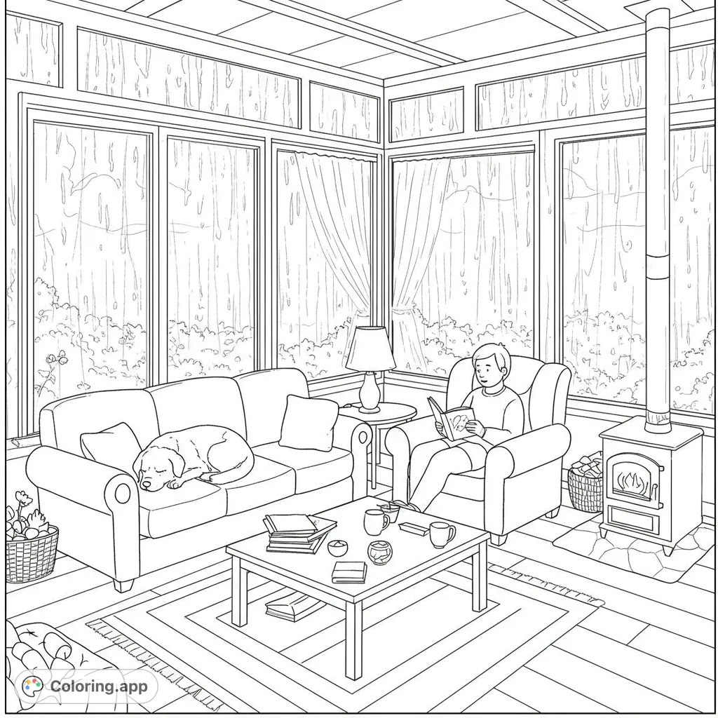 Experience a serene rainy day scene: a dog naps on a couch while its owner reads by a lamp in a cozy sunroom with a wood-burning stove.