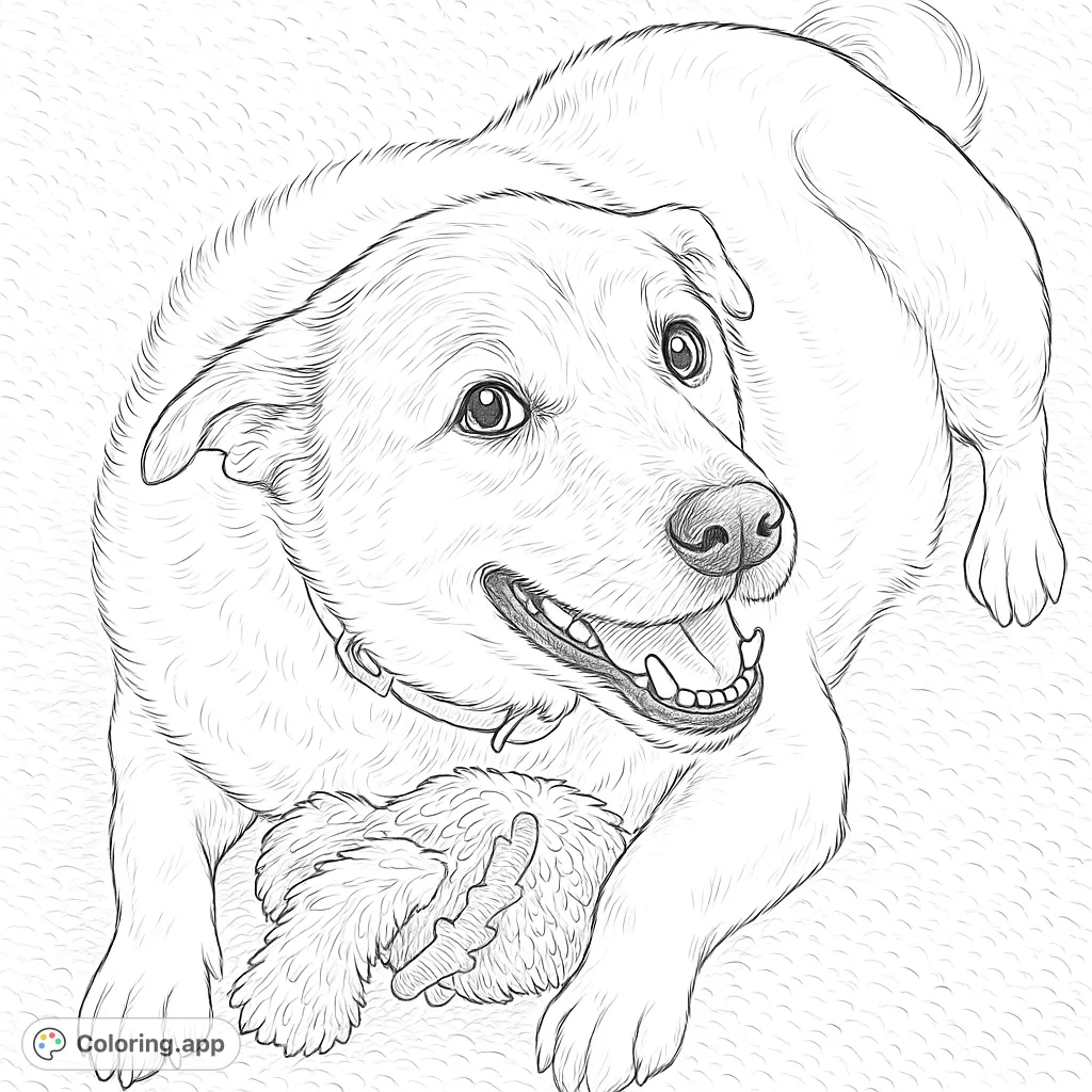 Capture the joy of a playful dog with its favorite toy. This realistic coloring page features a happy canine companion ready for your creative touch.