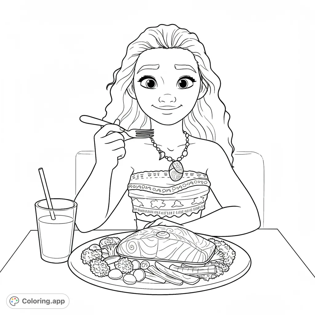 A delightful Moana coloring page featuring the beloved character enjoying a healthy meal of salmon and various vegetables, perfect for young artists.