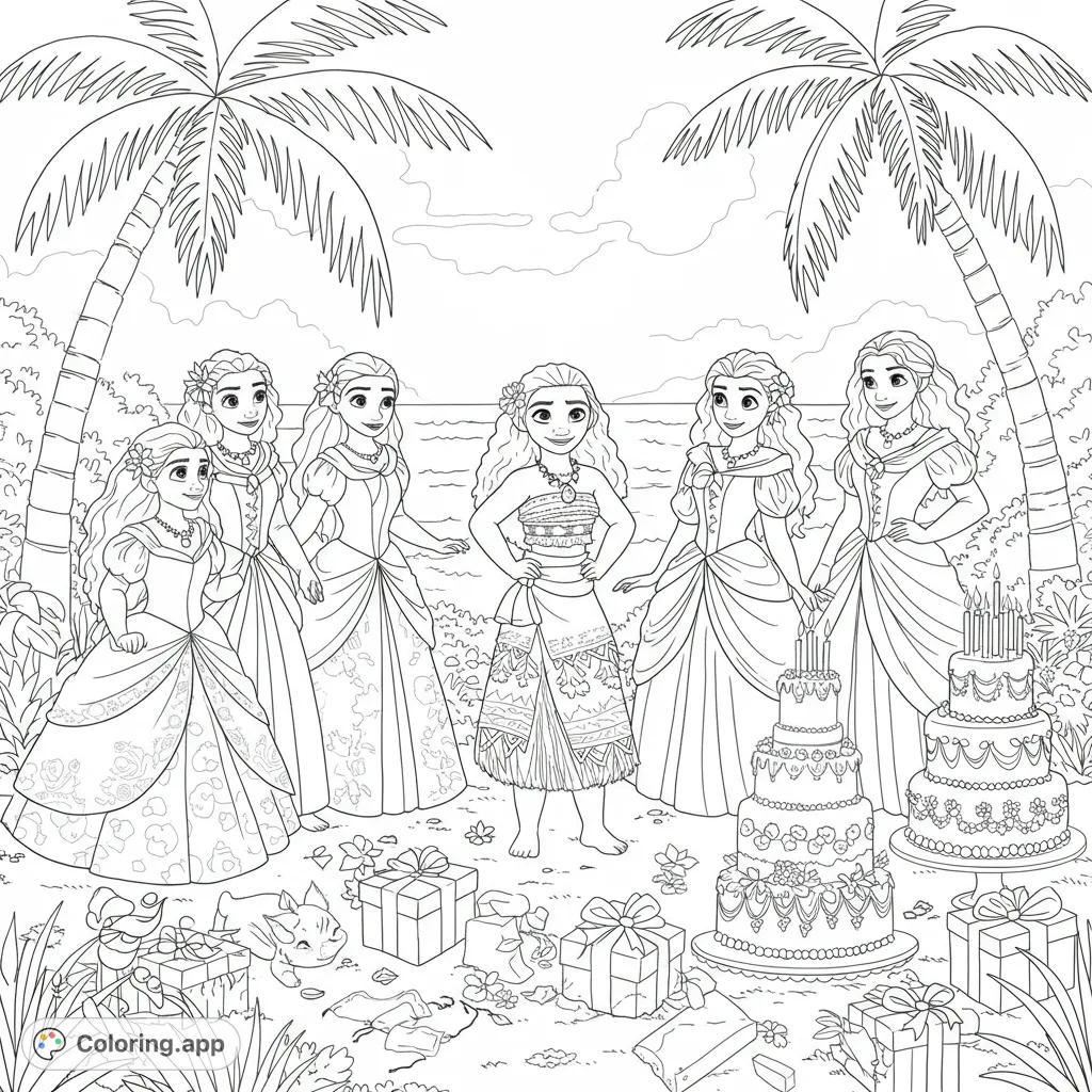 A joyful gathering of beloved princesses celebrating Moana's birthday on a tropical island, surrounded by gifts and festive decorations.