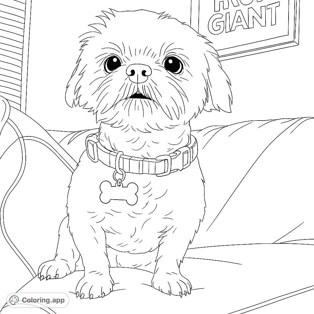 A charming fluffy dog sits attentively on a couch, wearing a collar with a bone tag. Perfect for animal lovers to bring to life with color!