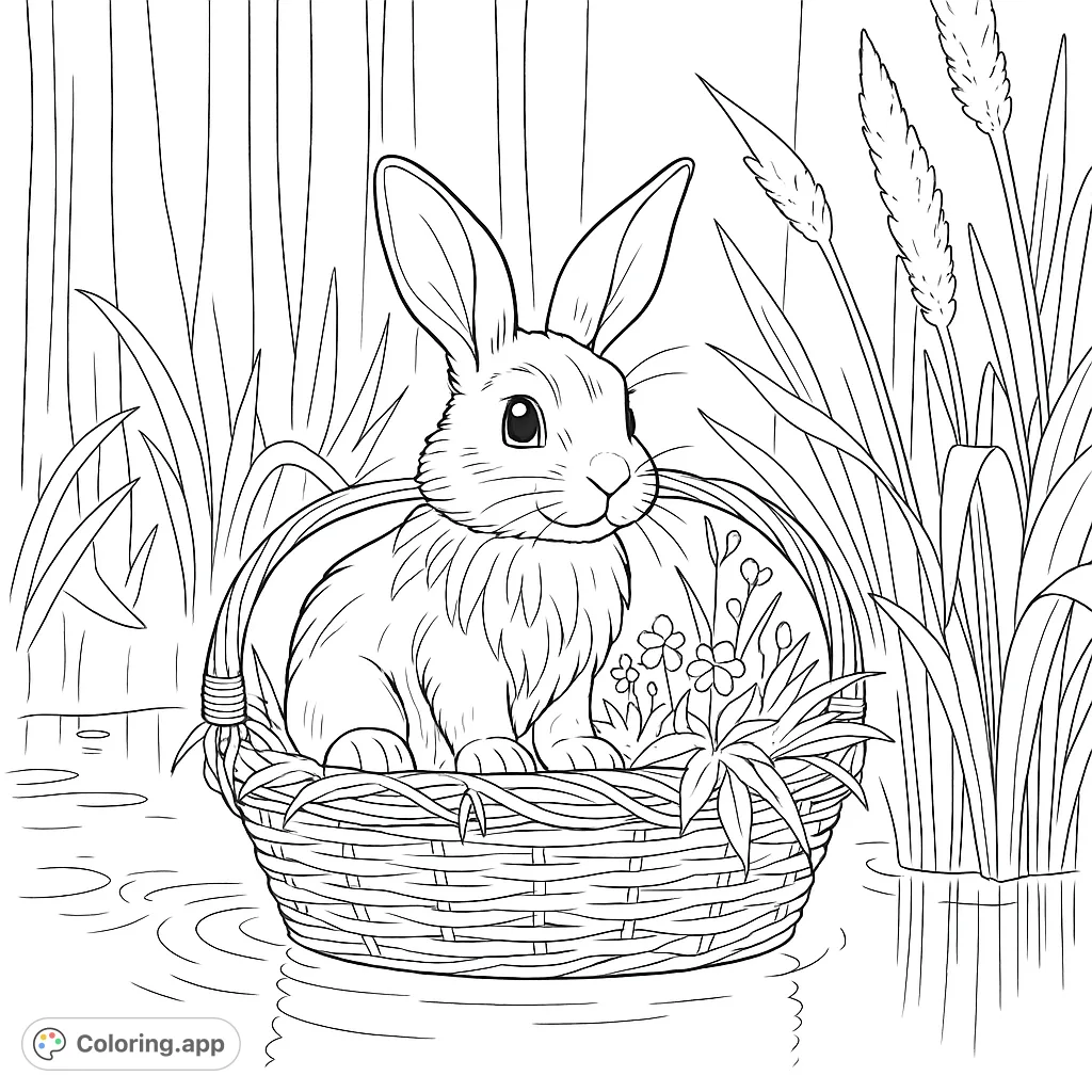 A charming bunny nestled in a woven basket floating on water, surrounded by tall reeds and forest trees. A delightful nature scene for coloring.