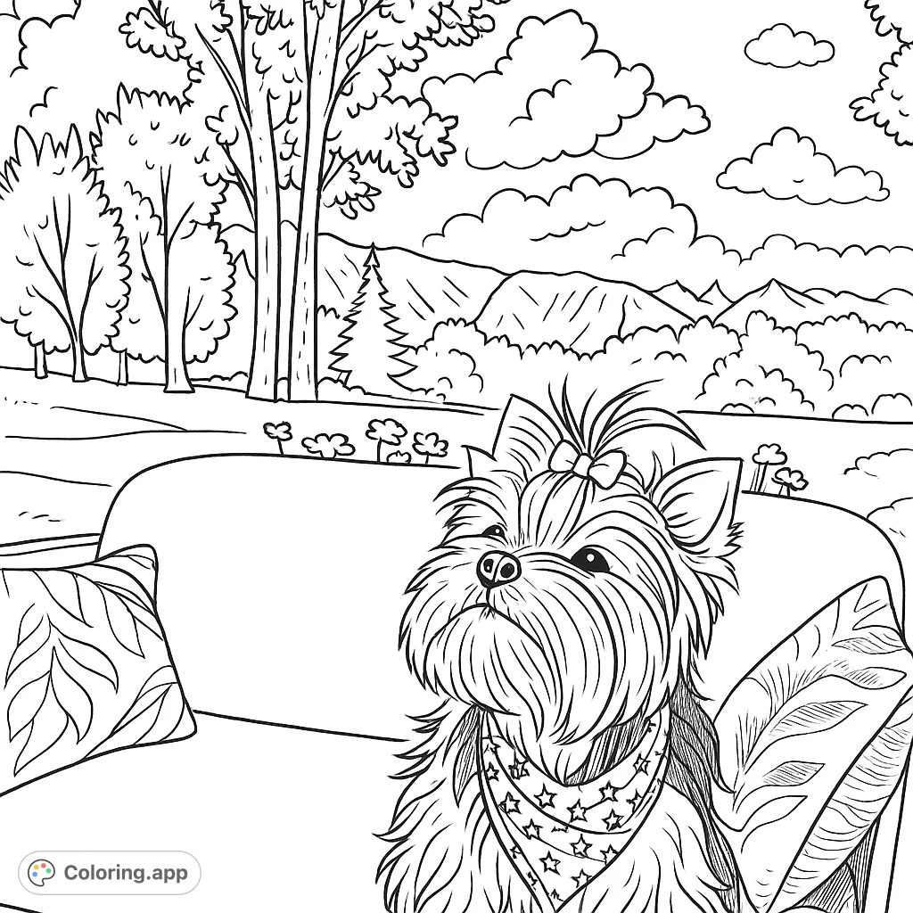 A charming Yorkshire Terrier enjoys a peaceful outdoor moment on a sofa, with a scenic landscape of trees, mountains, and clouds in the background.