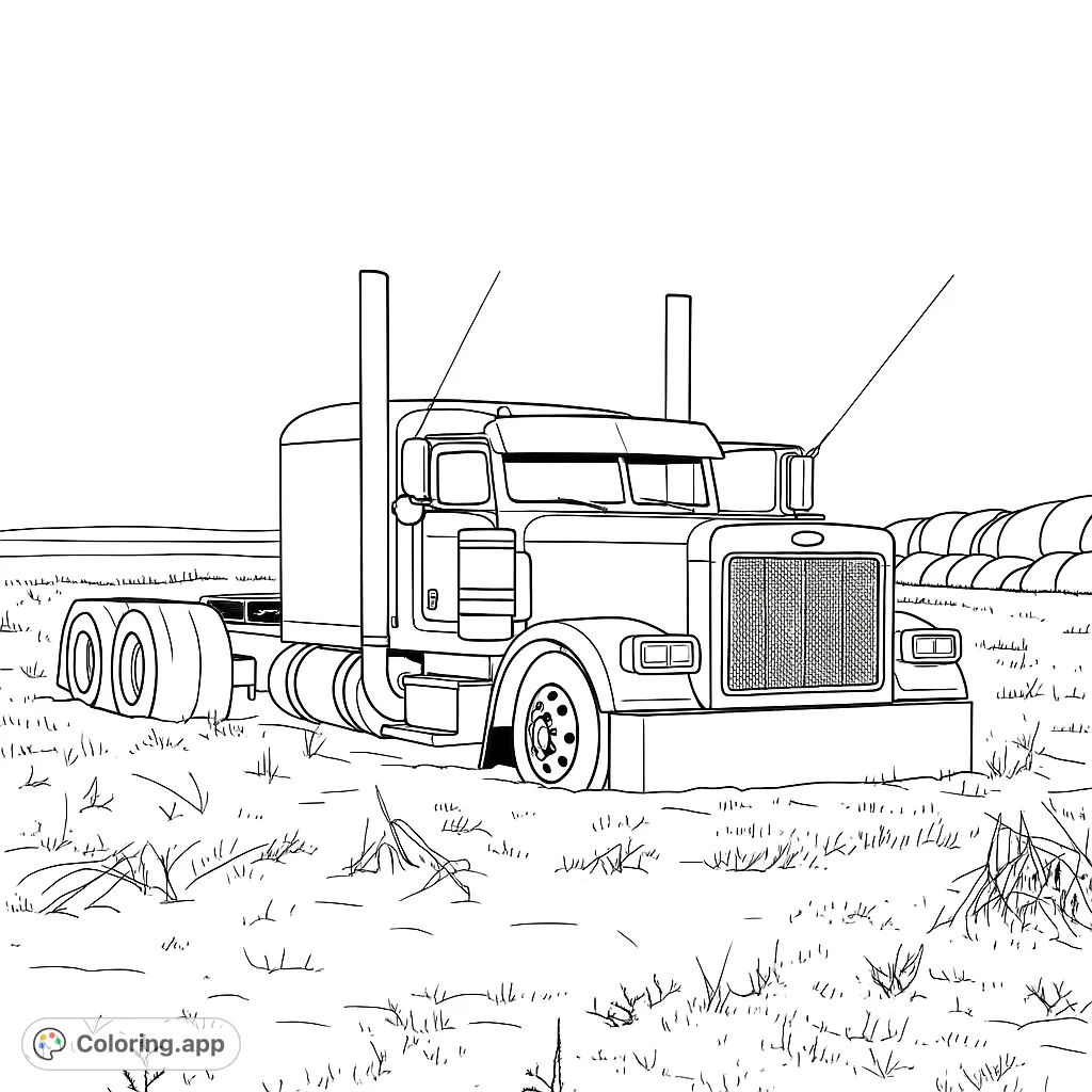 Explore a classic semi-truck in a snowy field. A detailed free printable truck coloring page for enthusiasts.