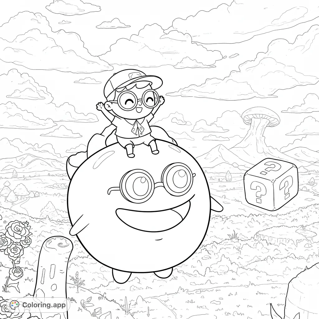 Soar through the Mushroom Kingdom with a cheerful hero atop a giant, grinning hotdog! A whimsical adventure awaits your creative touch.