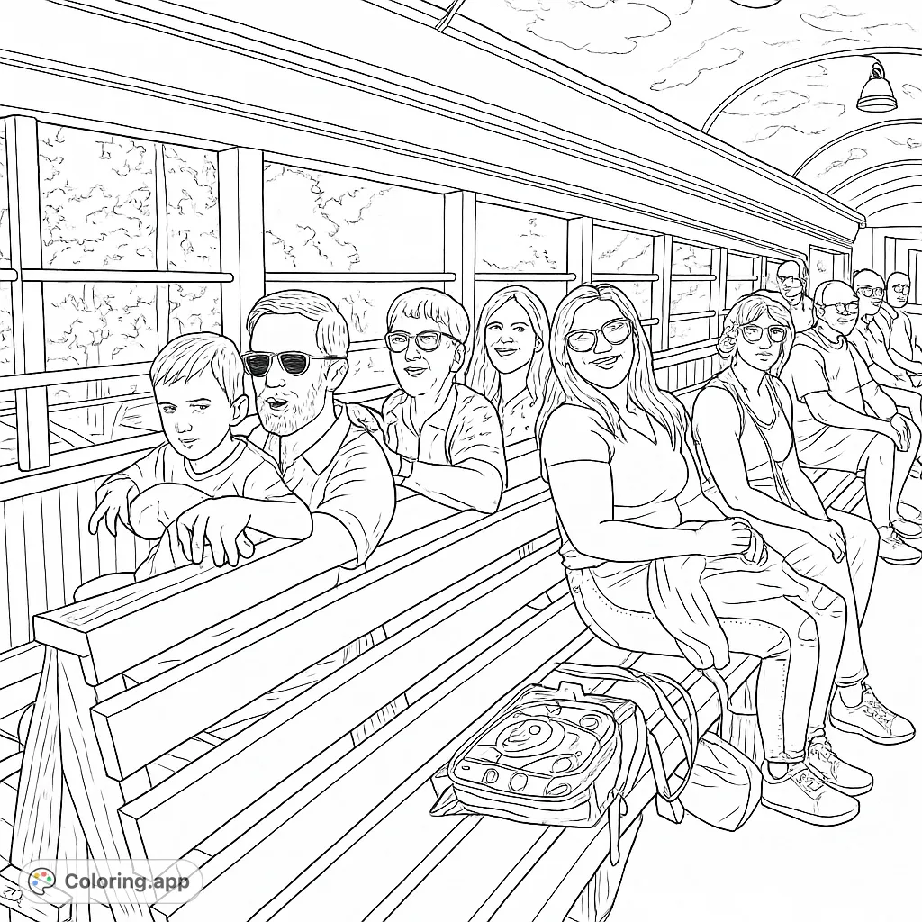 Capture the joy of a family train ride through scenic landscapes. This free printable coloring page features passengers enjoying an open-air journey.