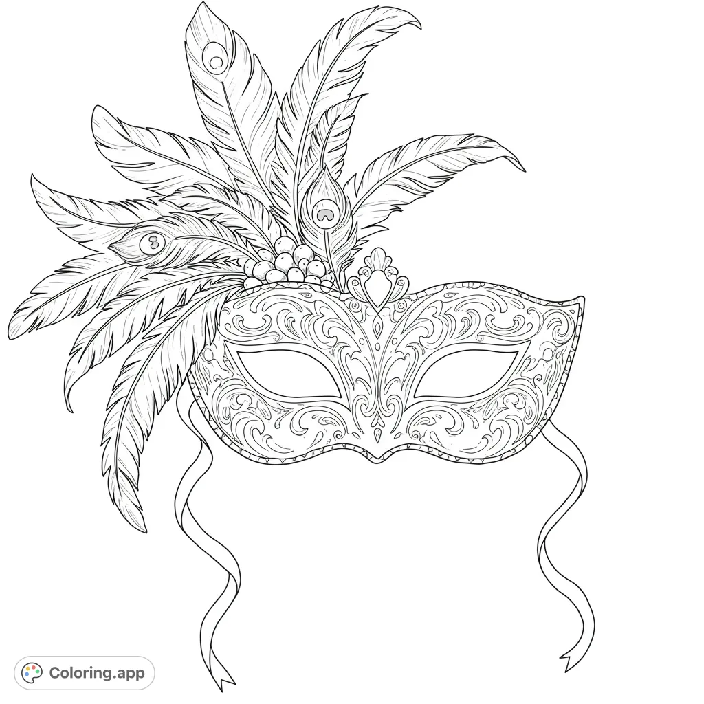 Discover an intricate Venetian masquerade mask, adorned with elaborate swirls, filigree, and feathers. A sophisticated adult coloring page.