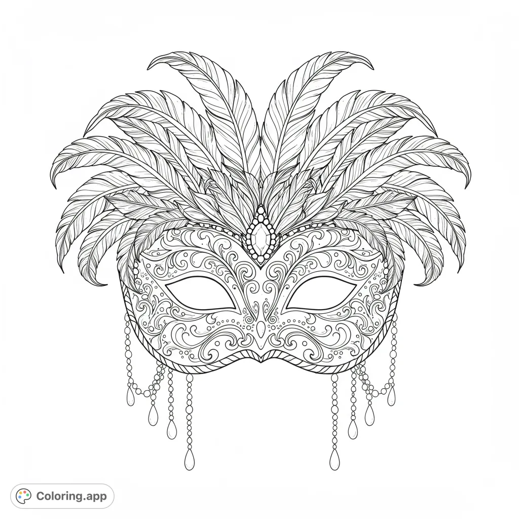 Unleash your creativity with a highly detailed Venetian mask coloring page, featuring intricate patterns, elegant feathers, and decorative jewels.