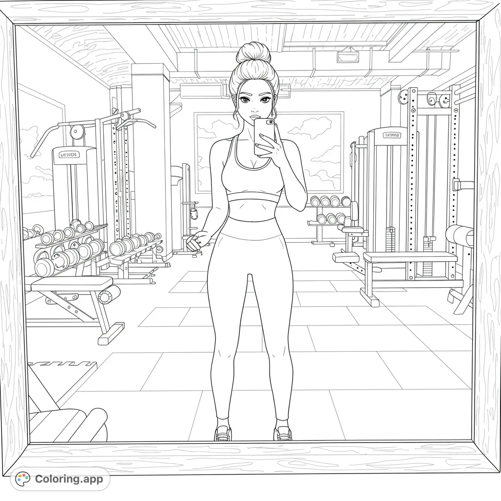 Capture a modern gym scene with a young woman taking a mirror selfie. A detailed background of fitness equipment awaits your creative touch.