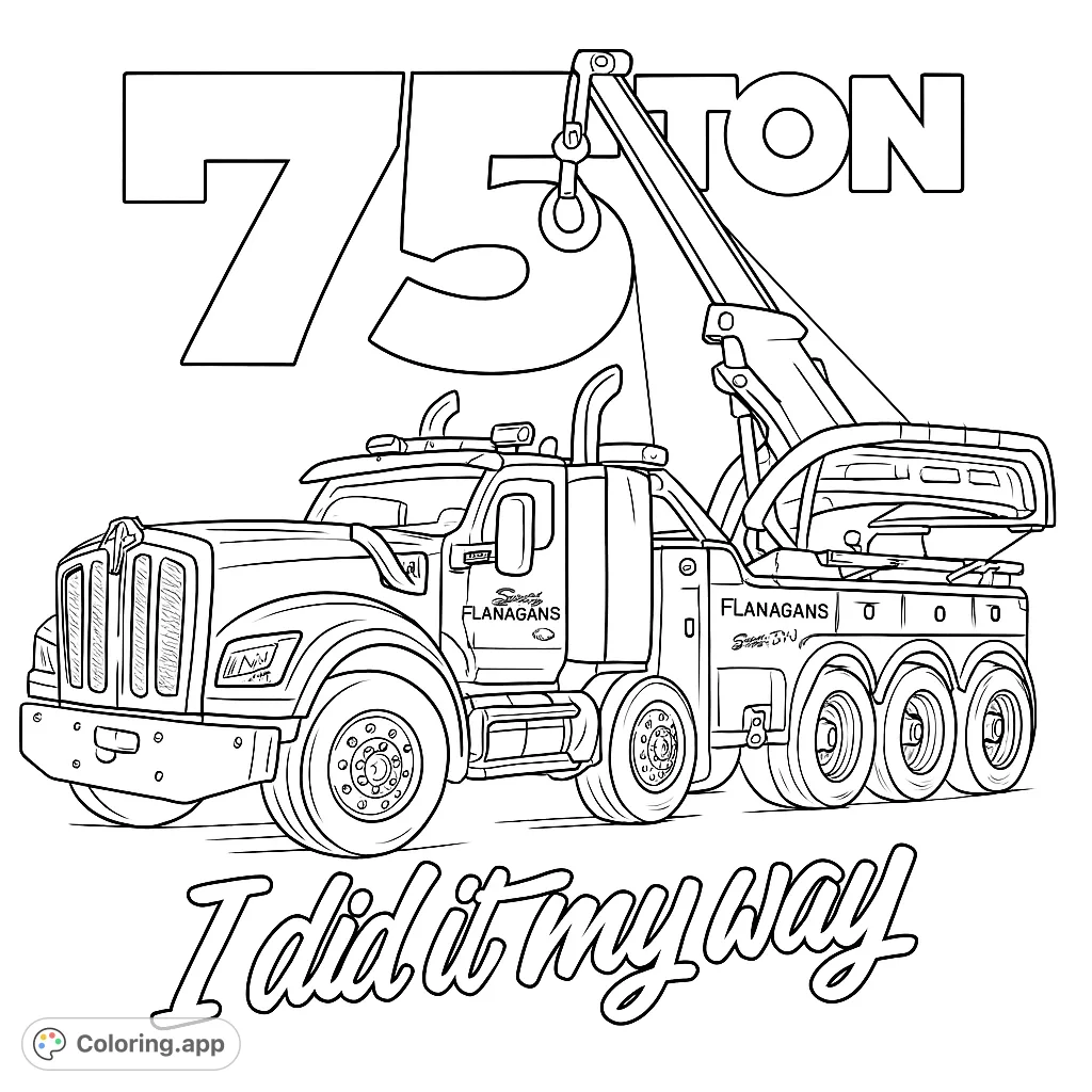 Color a mighty heavy-duty tow truck with a large crane and bold text. Perfect for vehicle enthusiasts and those who love powerful machinery.