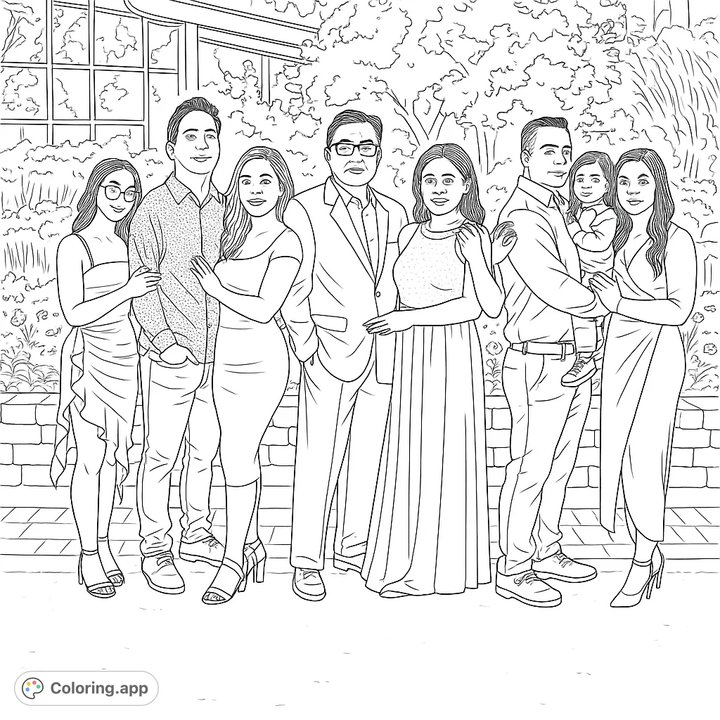 Capture the warmth of family bonds with this detailed portrait coloring page. Perfect for adults seeking a realistic and engaging coloring experience.