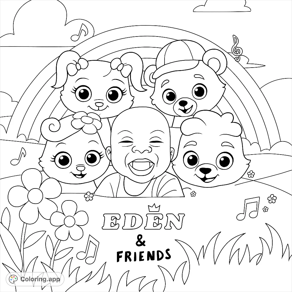 A delightful baby and animal friends coloring page featuring a cheerful baby surrounded by adorable cartoon characters, a rainbow, and musical notes.