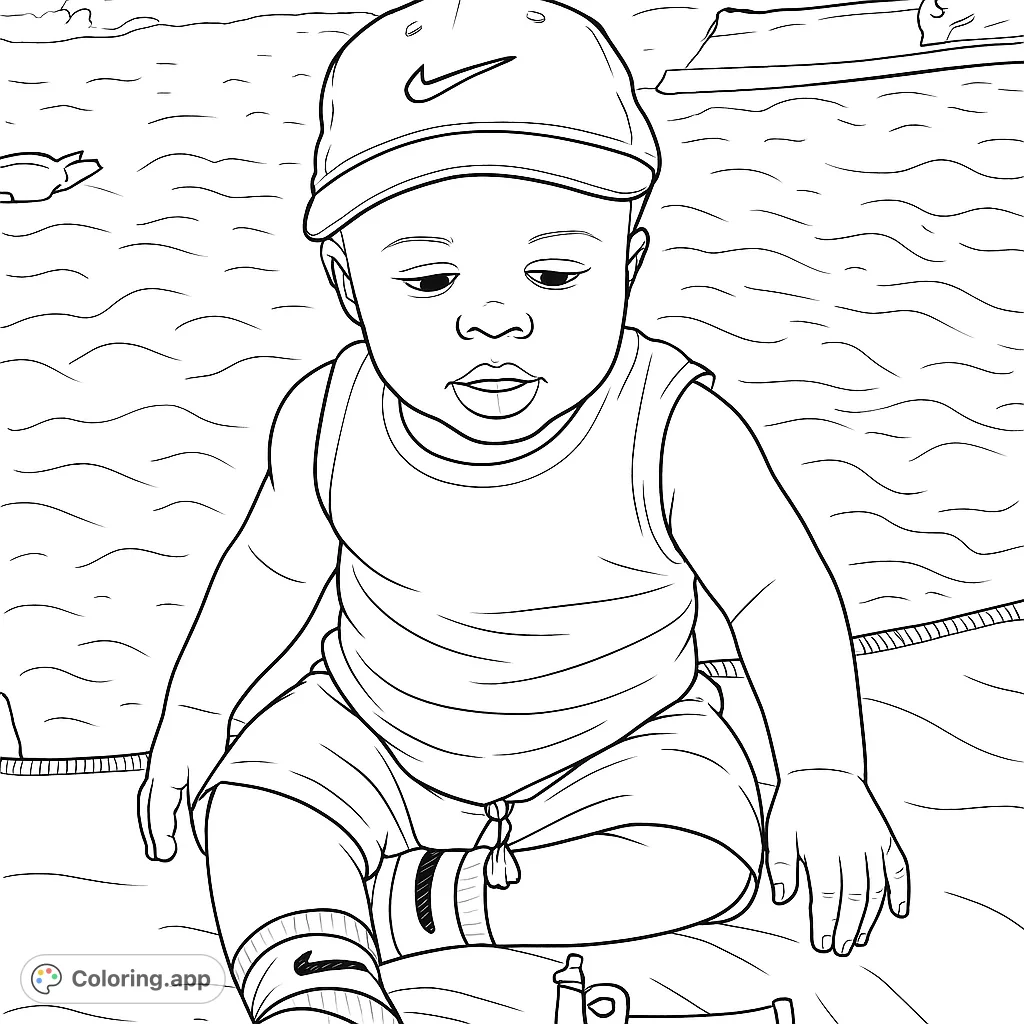 A delightful baby in a cap enjoys a beach day on a blanket. Perfect for young colorists to bring to life with their favorite shades.