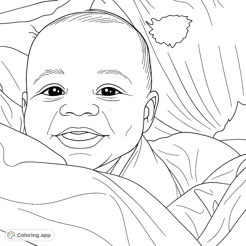 Capture pure joy with this happy baby coloring page. A sweet infant's smiling face, perfect for all ages. Free printable for creative fun!