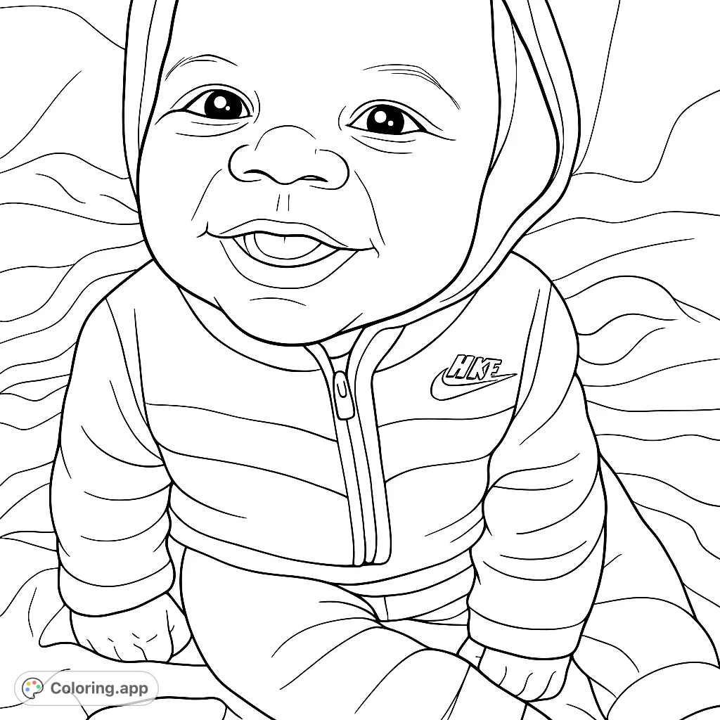 Capture the joy of a smiling baby in a cozy hoodie. A delightful and simple baby coloring page perfect for little ones and new parents.