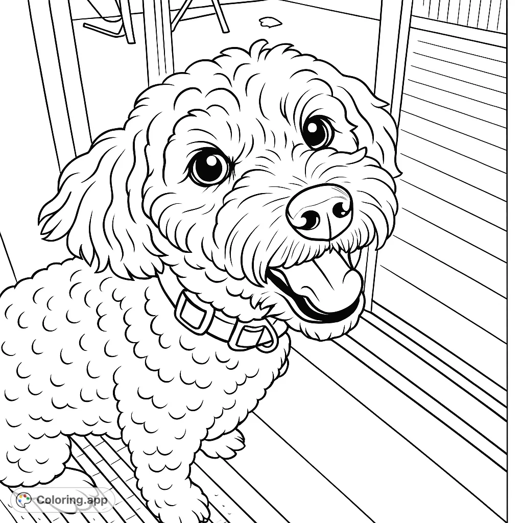 A delightful fluffy dog with an expressive face, ready for coloring. Perfect for pet lovers to bring this happy companion to life.