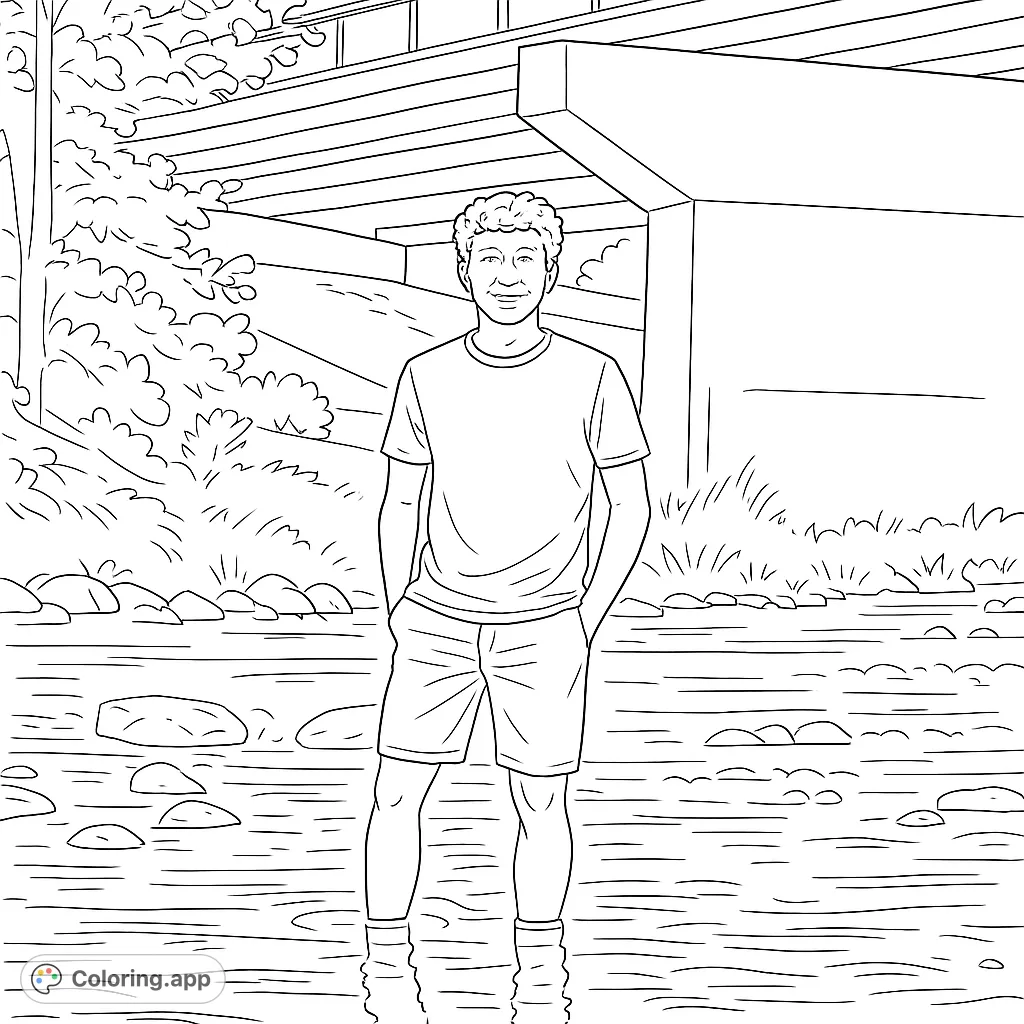 Color a serene scene of a young man standing in a river, with a bridge overhead and natural surroundings. Perfect for a relaxing creative escape.