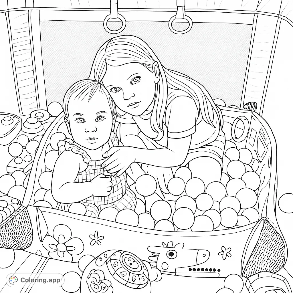 Two children playing in a ball pit, surrounded by numerous spheres and toys, offering a delightful scene for coloring.