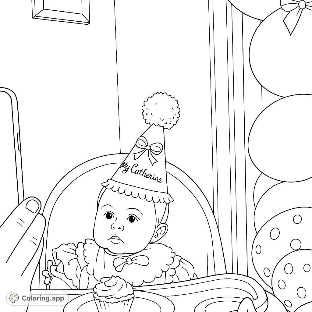 Celebrate a special milestone with this adorable baby in a party hat, ready for cake! A delightful birthday scene for all ages.