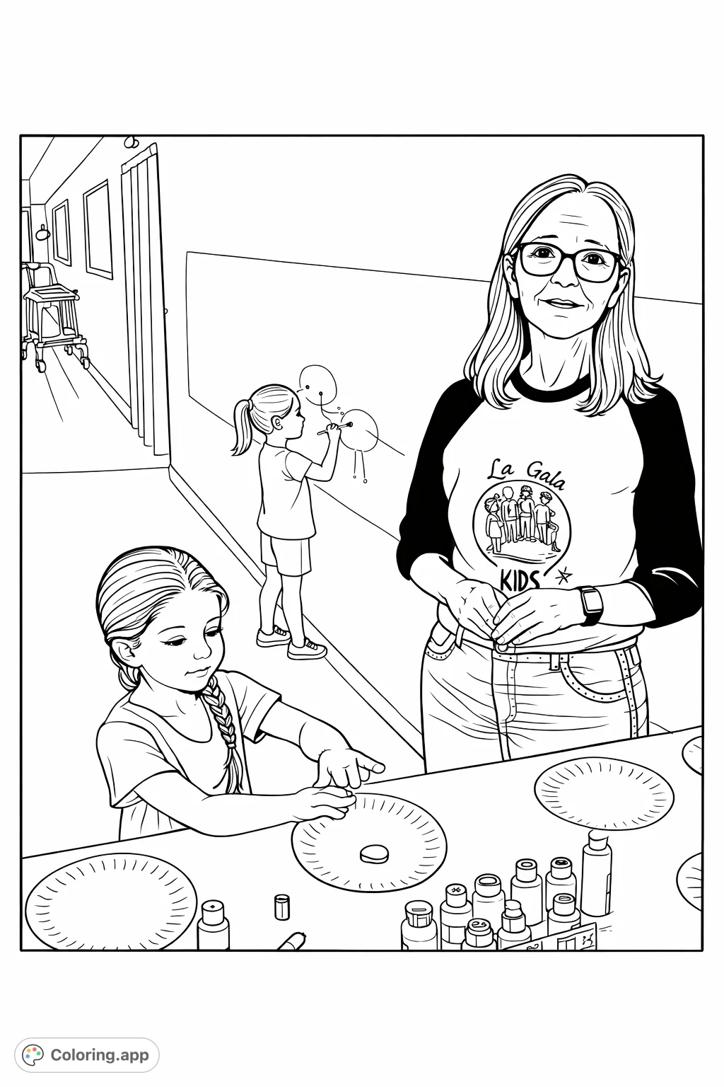 Capture the joy of artistic expression with an intergenerational art class scene. Features a woman and two girls engaged in drawing and painting.