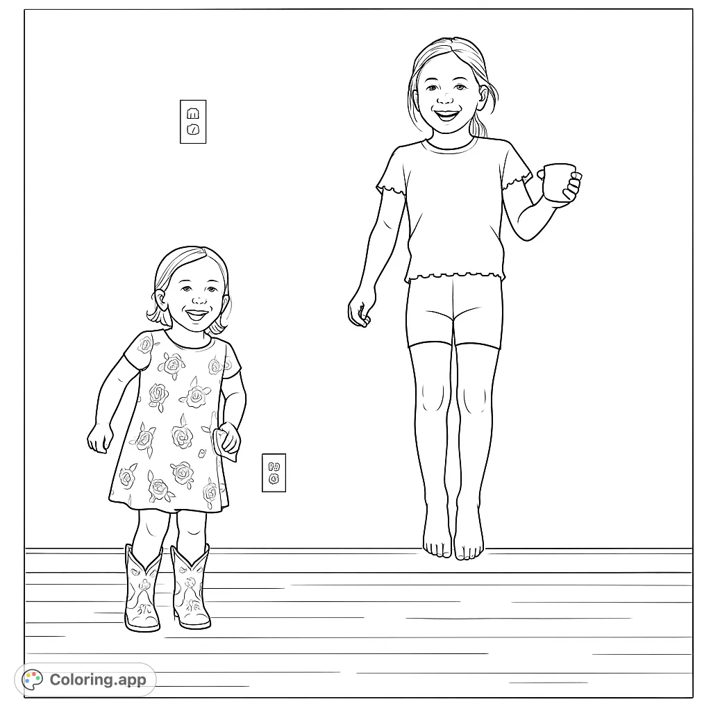 Capture the joy of two girls playing indoors, one mid-jump, the other smiling in cowboy boots. A fun scene for creative coloring.