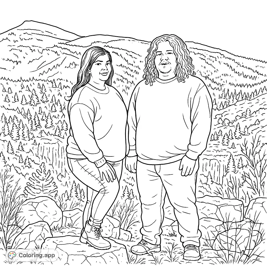 Capture the serene beauty of a couple amidst a majestic mountain landscape. This free printable mountain couple coloring page offers a peaceful escape for all ages.