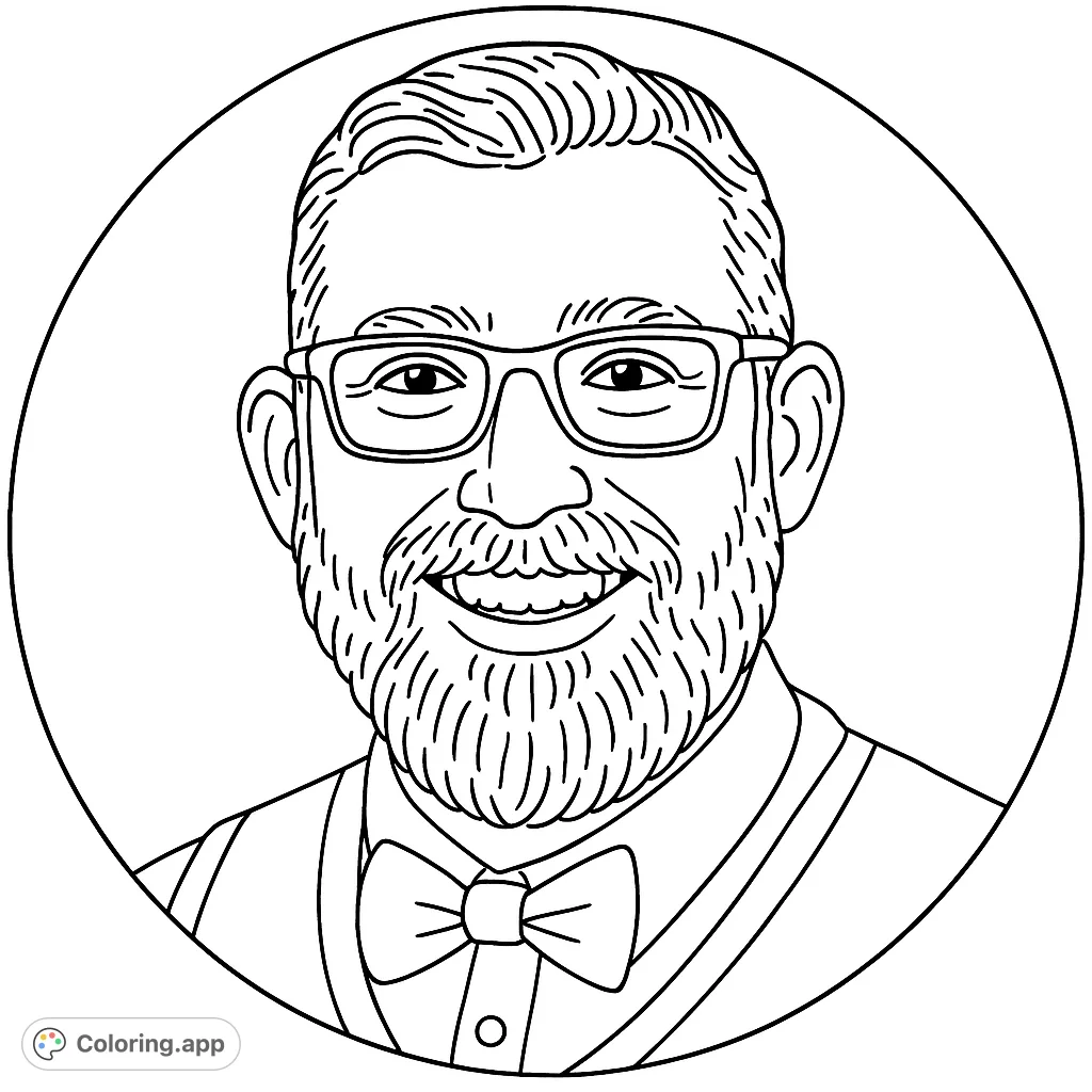 A friendly man with glasses and a beard smiles warmly, wearing a shirt, bow tie, and vest. Perfect for a personalized coloring experience.