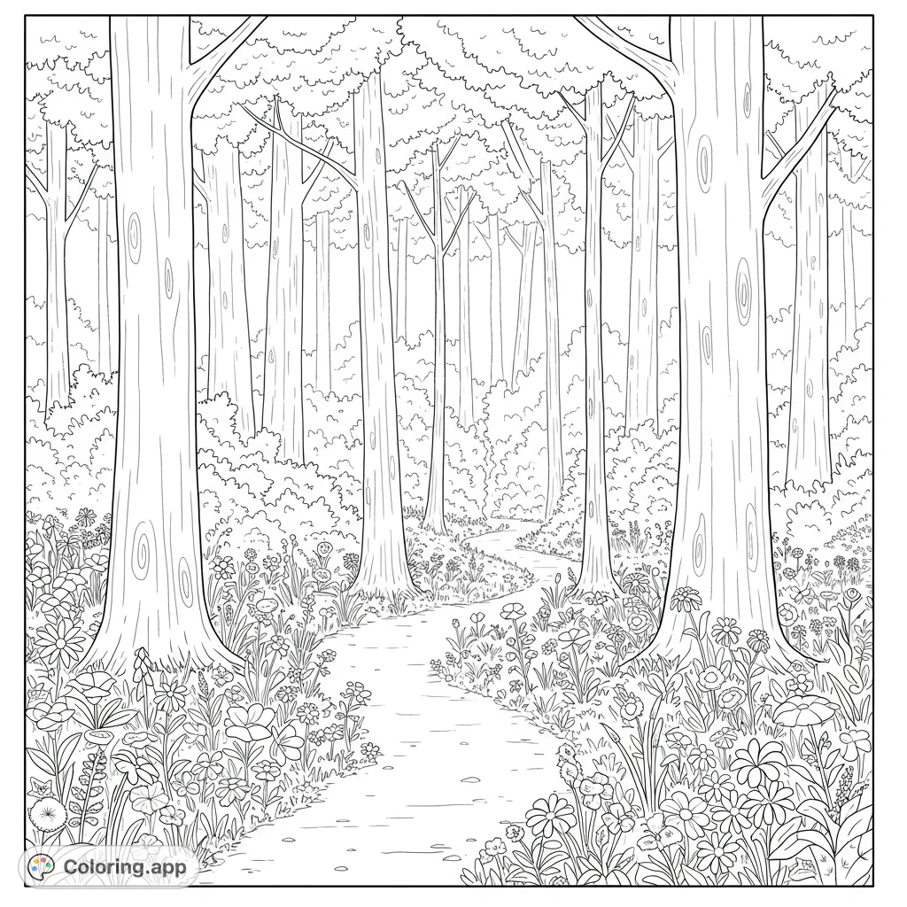 Explore a tranquil woods scene with towering trees, scattered wild flowers, and a winding hidden path. A peaceful nature escape.