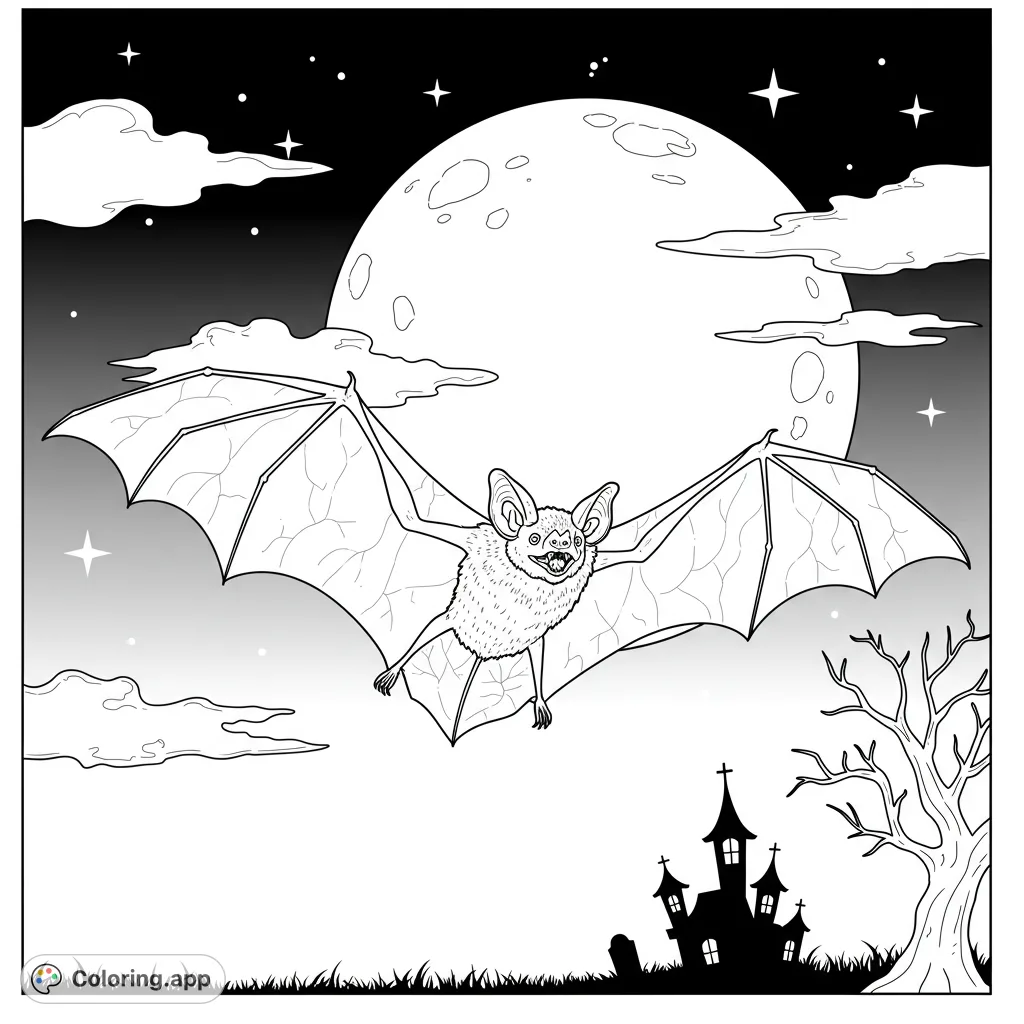 A detailed Halloween bat coloring page, perfect for spooky season fun. Features a single bat in flight against a moonlit sky.