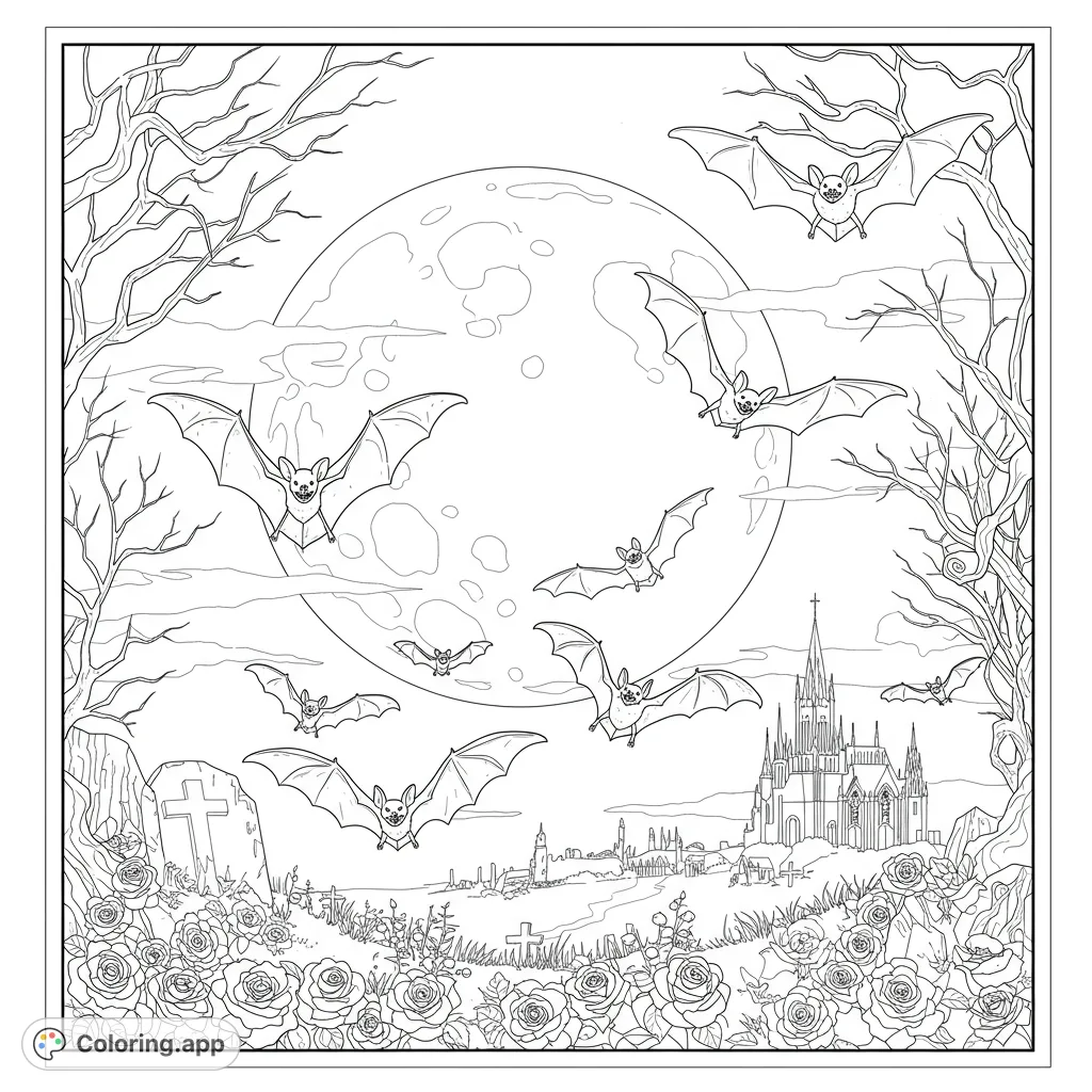 Soar into the night with this spooky Halloween bats coloring page! Featuring a swarm of flying bats against a moonlit sky, perfect for eerie fun.